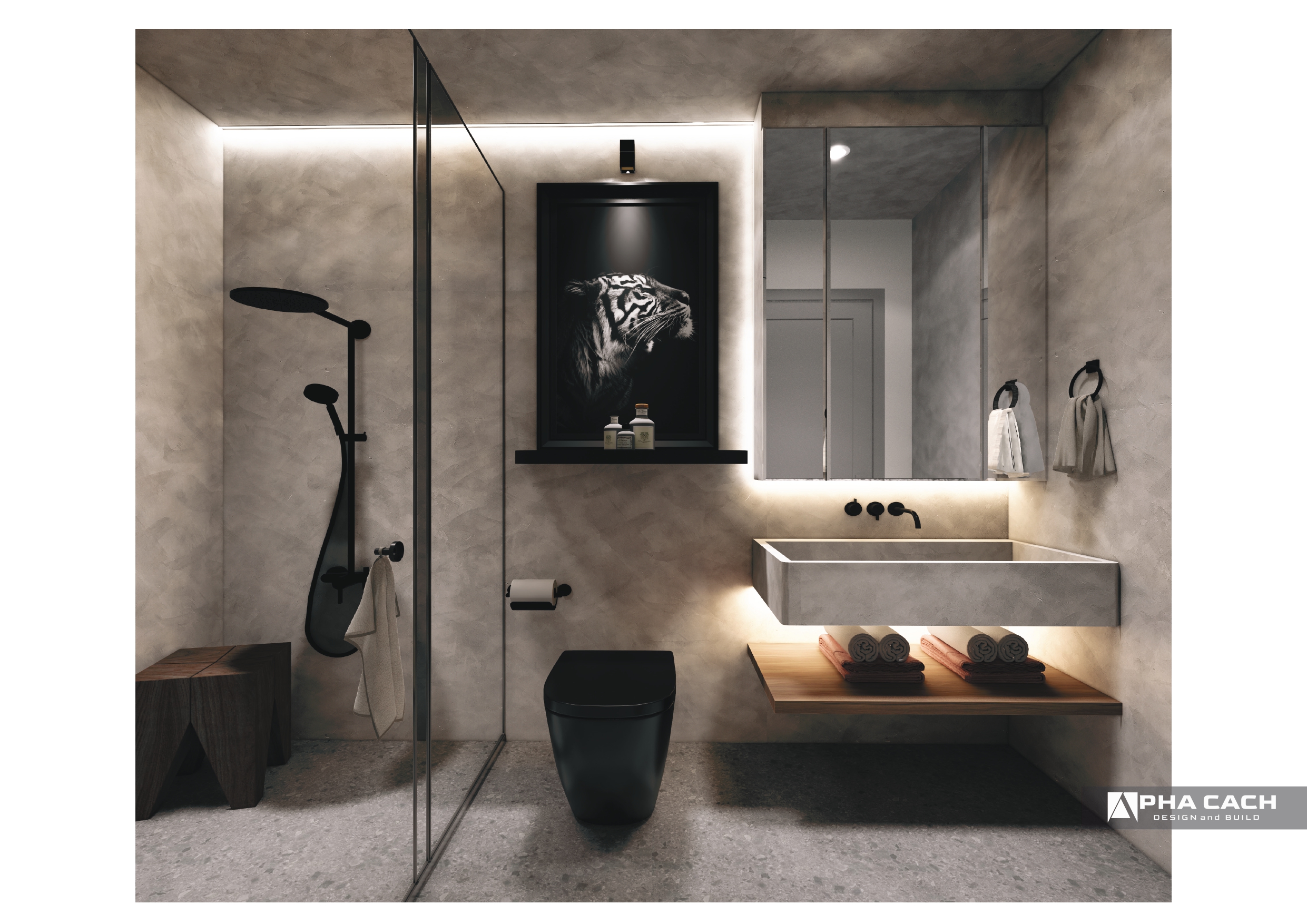 WC với các chất liệu tường hiệu ứng xi măng ,  Sàn gạch được lát gạch Terazzo kết hợp với các đồ dùng mang hình thái kiến trúc rât mạnh mẽ 